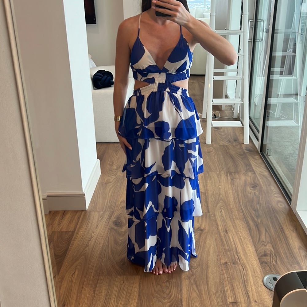 Tiered blue and white Express maxi dress